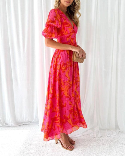 Van Delft Mode® | Elegante V-hals Maxi jurk met pofmouwen