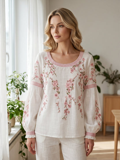 Casual damesblouse, vintage stijl, van katoen en linnen, met bloemenborduurwerk en gedrukte patchwork