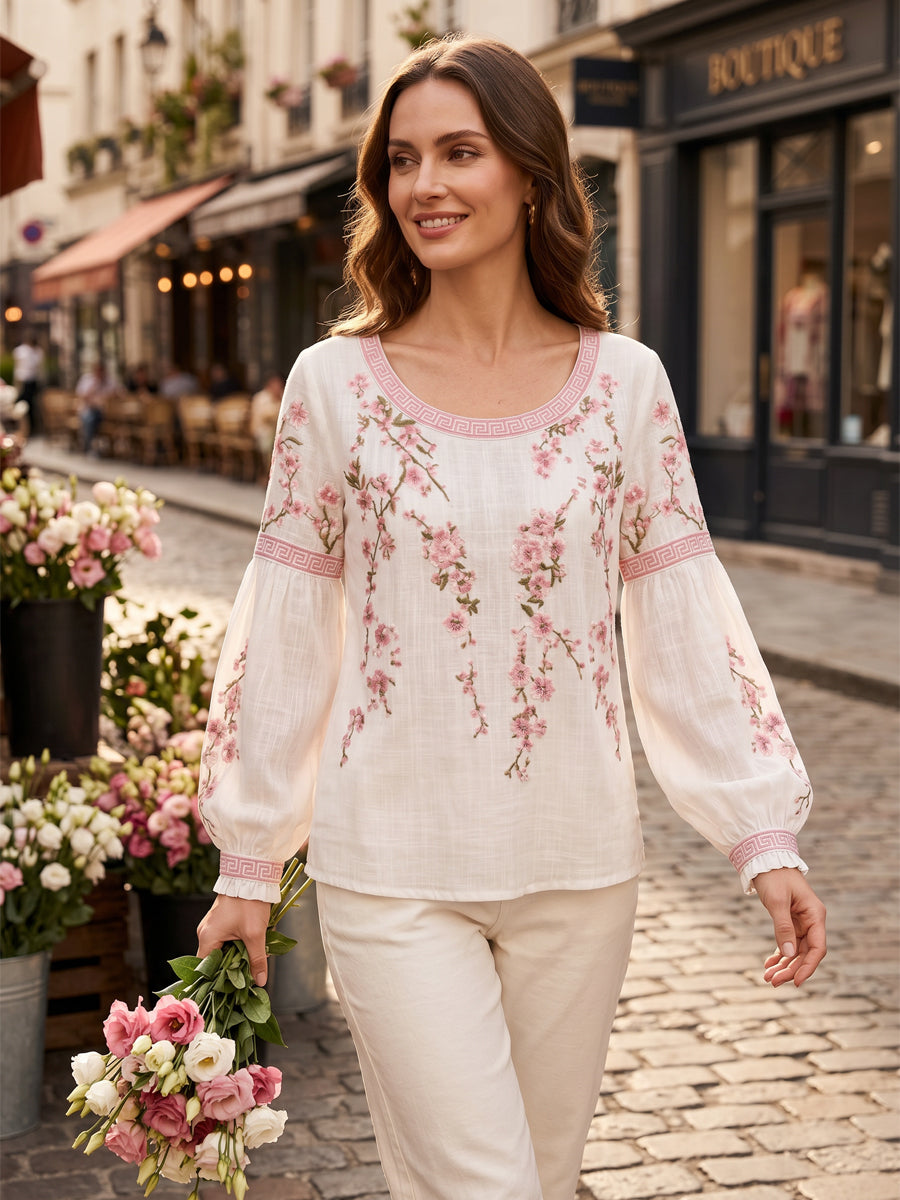 Casual damesblouse, vintage stijl, van katoen en linnen, met bloemenborduurwerk en gedrukte patchwork