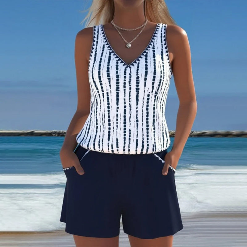Casual Pocket V-Hals Gedrukt Twee-Delig Badpak