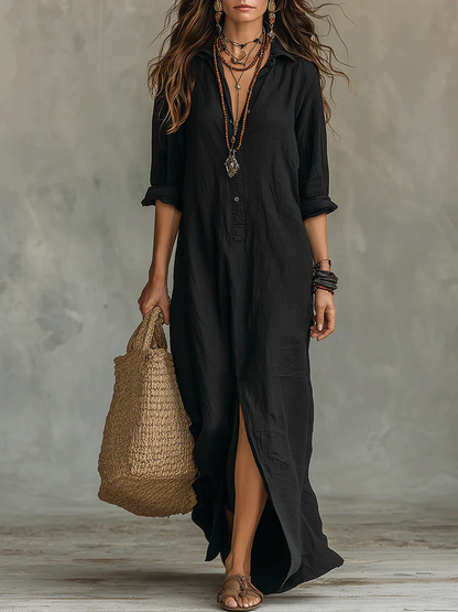 Soline™ | Maxi zwarte jurk met knopen