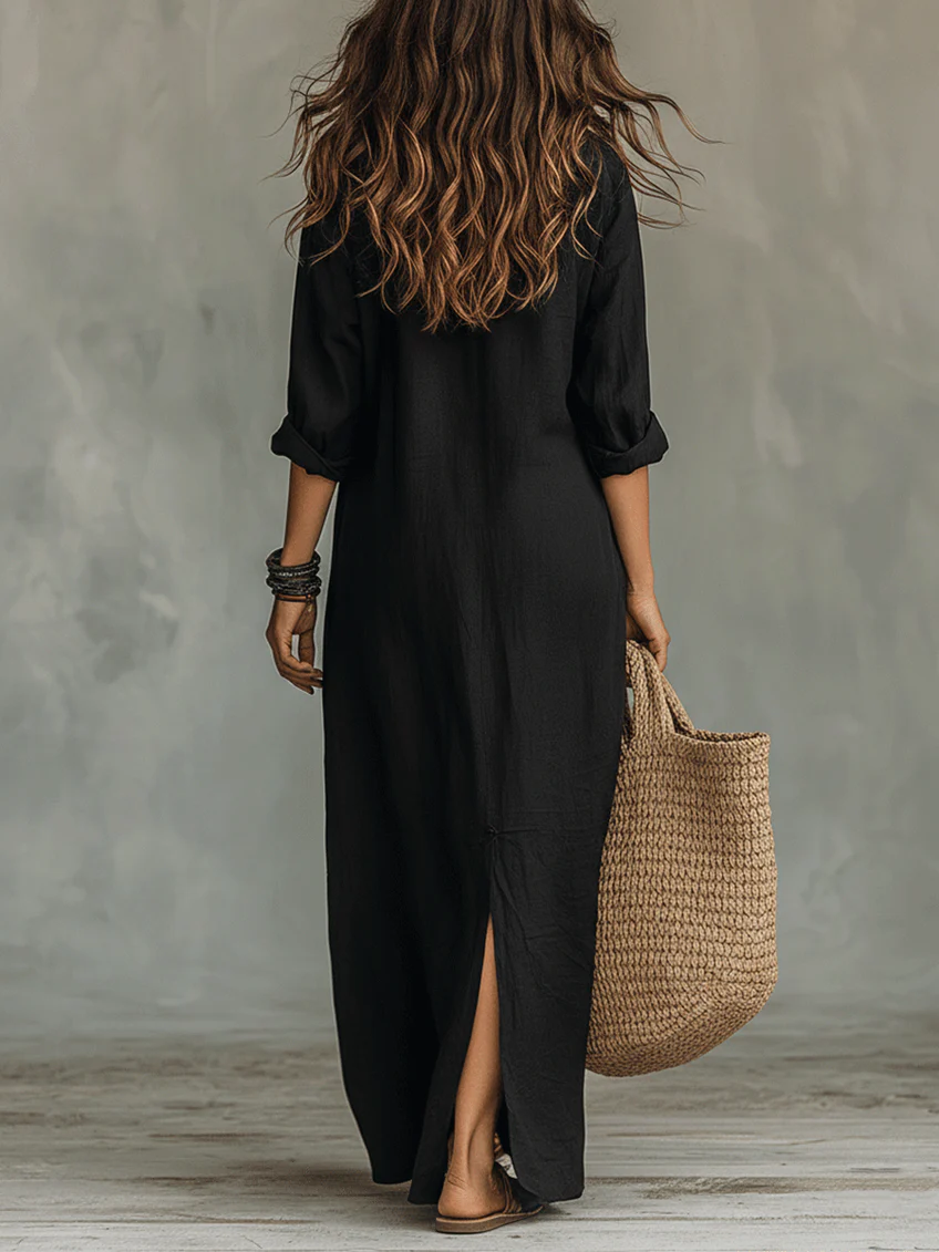 Soline™ | Maxi zwarte jurk met knopen