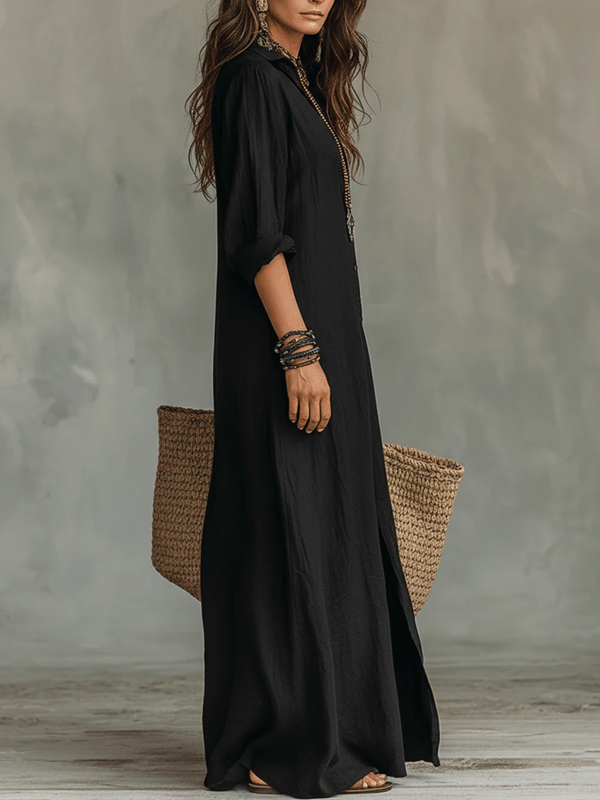 Soline™ | Maxi zwarte jurk met knopen
