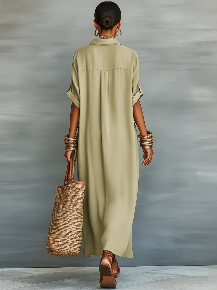 Manelle™ | Maxi jurk olijfgroen met minimalistische lijn