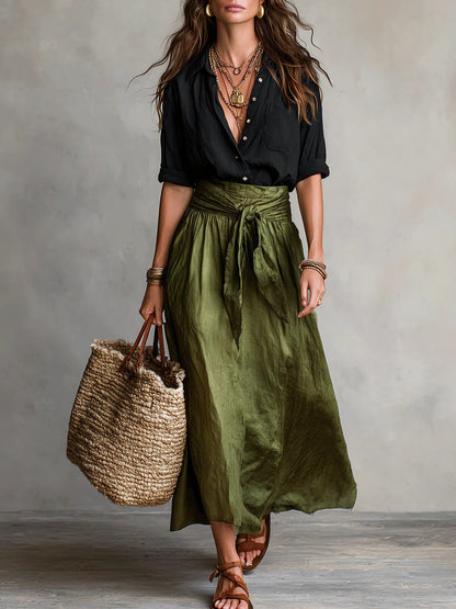Vera™ | Set van twee delen: zwart t-shirt en olijfgroene midi rok