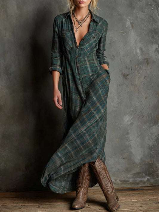 Van Delft Mode® | Lange jurk met groene geruite revers