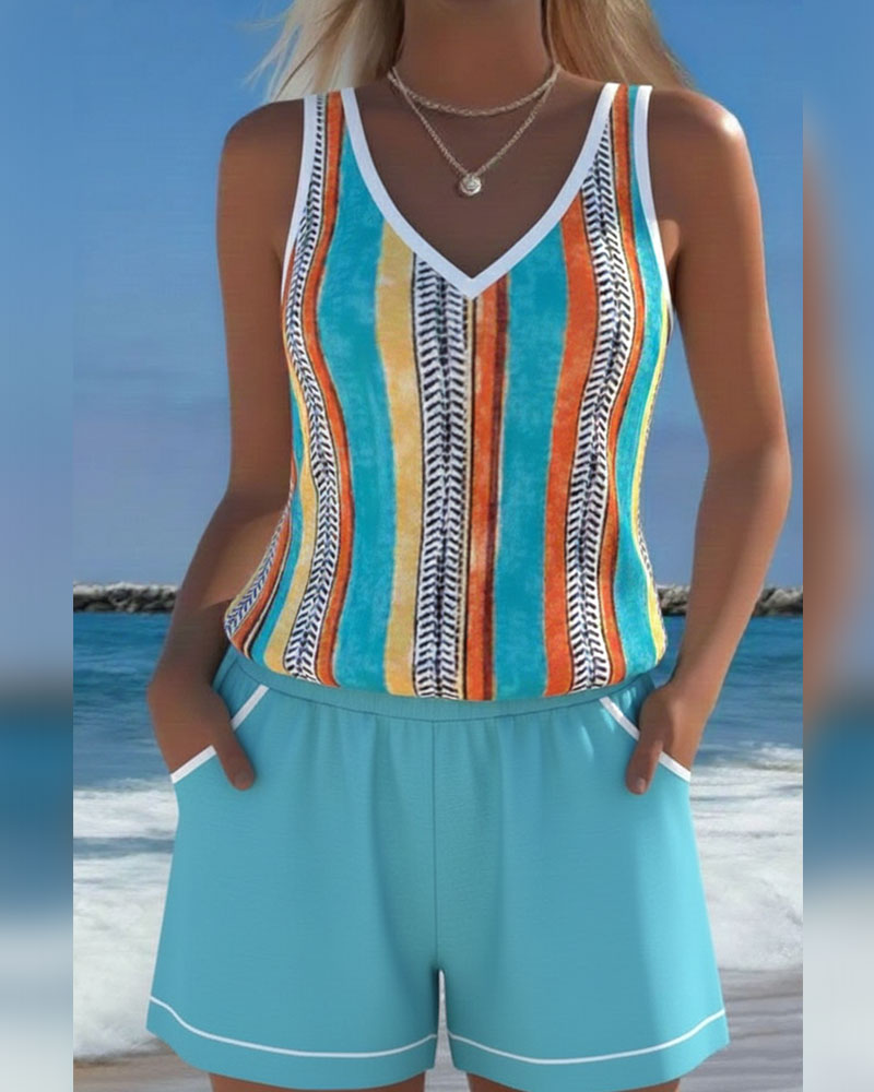 V-hals Geprinte Tankini Zwemkleding