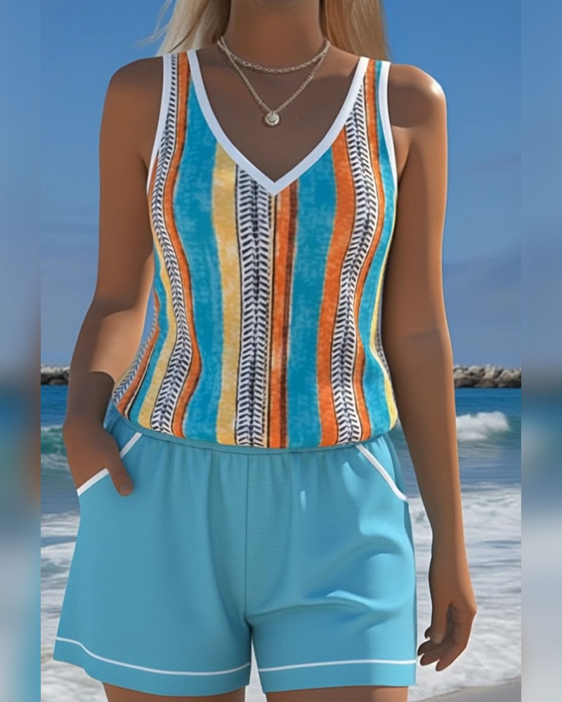 V-hals Geprinte Tankini Zwemkleding