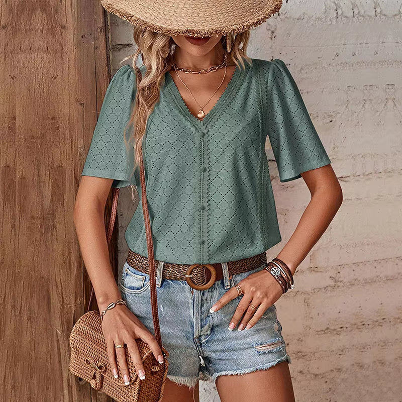 Van Delft Mode® | KORTE MOUW BLOUSE MET V-HALS