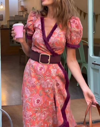 Van Delft Mode® | Elegante Roze Maxi Dress met Korte Mouwen