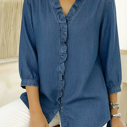 Van Delft Mode® | Casual damesblouse met ruches en V-hals