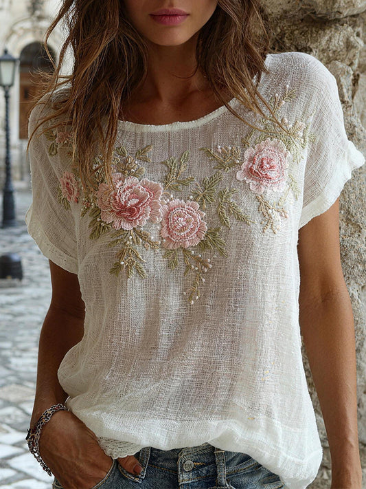Damesblouse van linnenmix met geborduurd bloemenpatroon