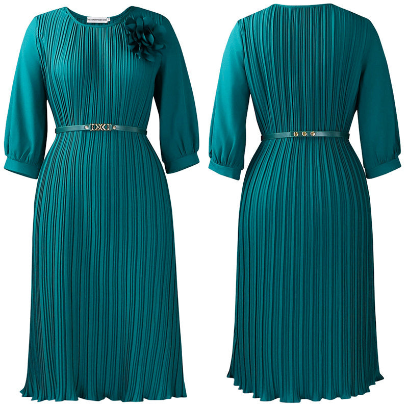 Van Delft Mode® | Dames 3/4 Mouw Plissé Midi Jurk met Riem