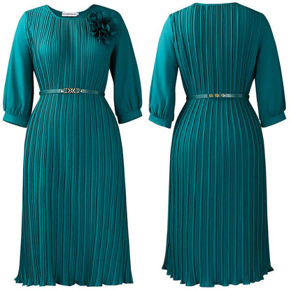 Van Delft Mode® | Dames 3/4 Mouw Plissé Midi Jurk met Riem