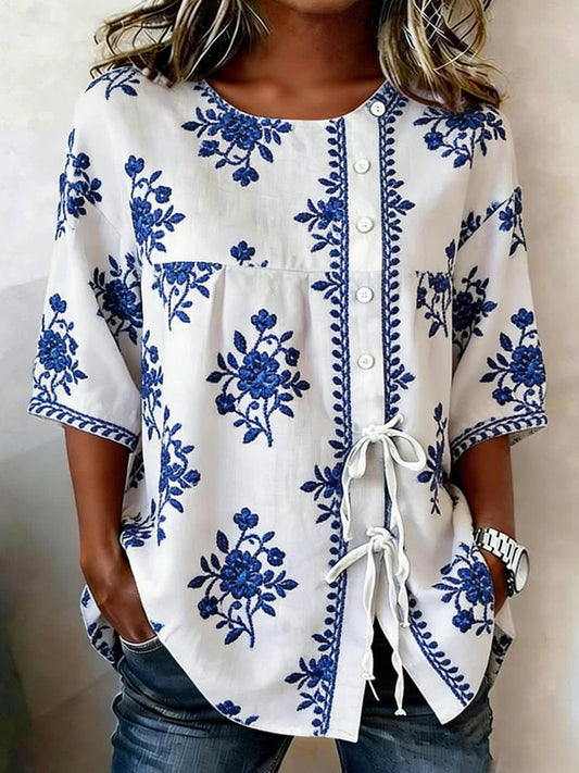 Dames Bloemige Linnen Mix Knopshirt