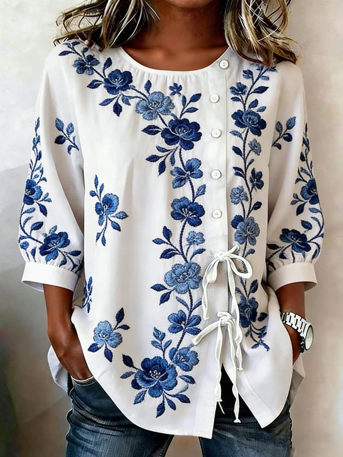 Dames Bloemenprint Linnen Mix Knopshirt