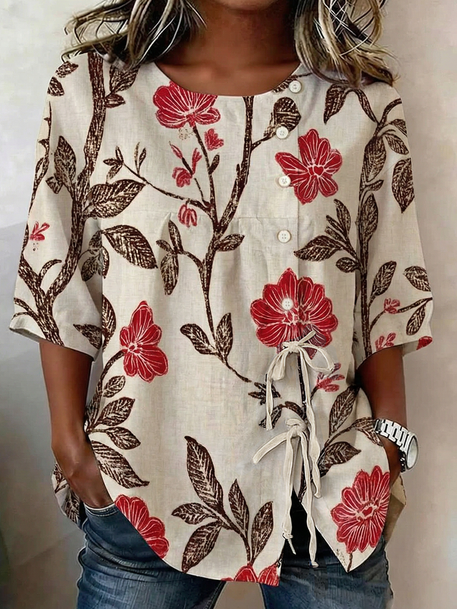 Damesbloem- en plantenkleding met knopen en veters in linnenmix
