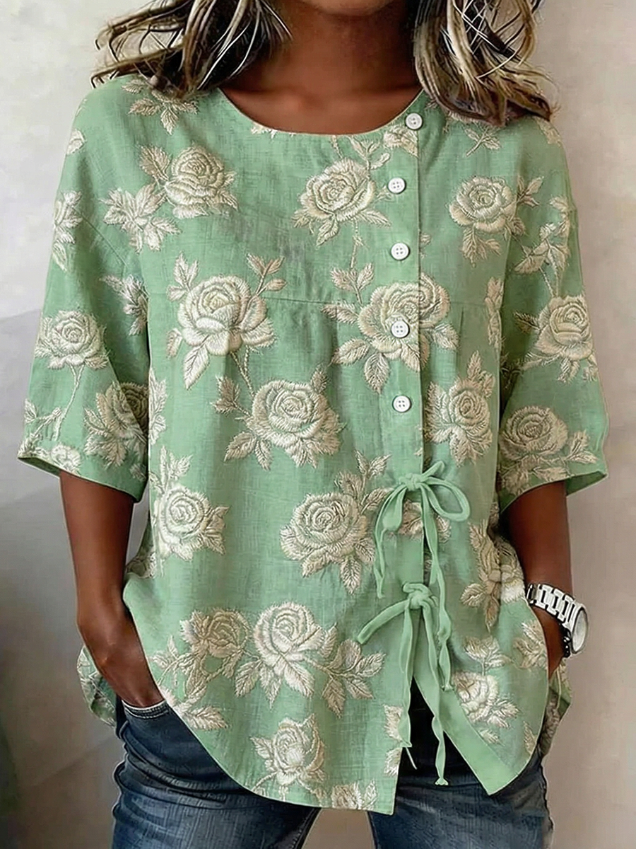 Damesblouse van linnenmix met knopen en veters, met planten- en bloemenmotieven