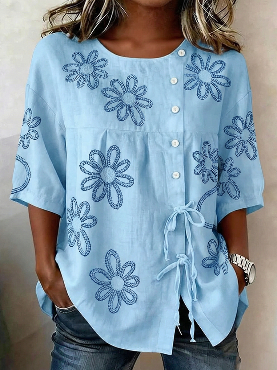 Dames Blouse Met Knopen En Veters Planten En Bloemen In Gemengde Linnen