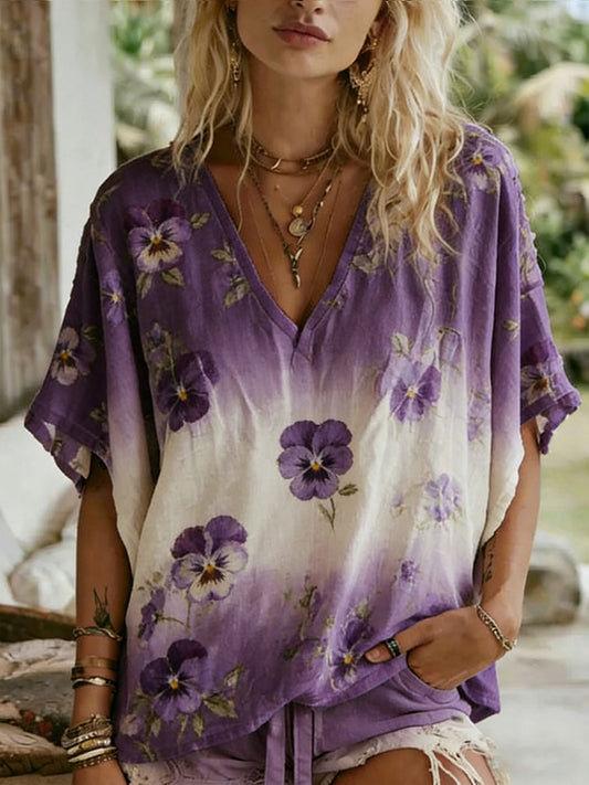 Casual T-shirt voor dames met artistieke bloemafdruk