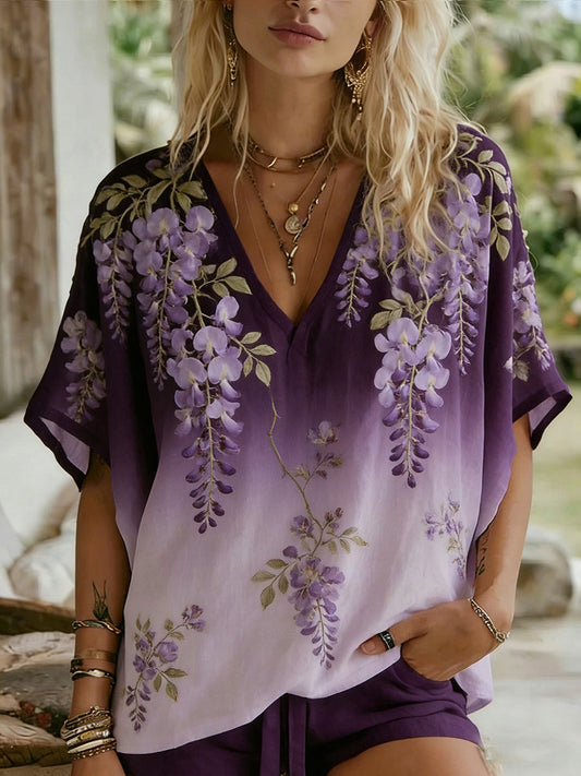 Casual T-shirt voor dames met artistieke bloemenprint