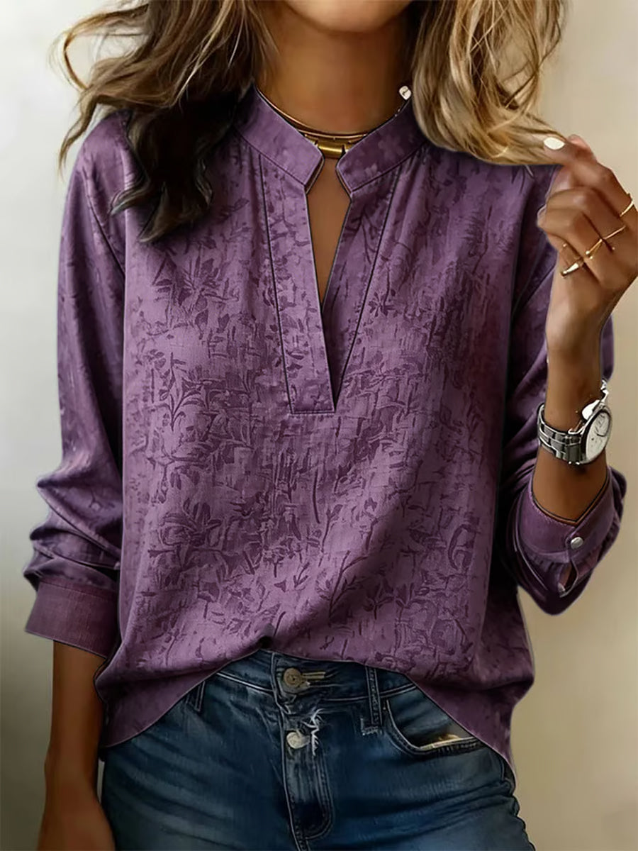 Damesblouse van linnenmix met bloemenpatroon en V-hals