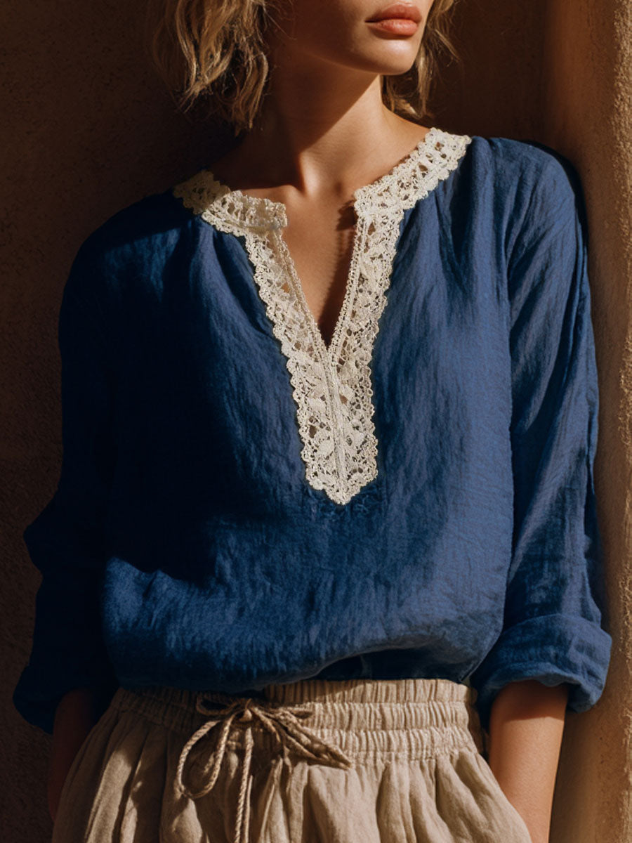 Vrouwen vintage kanten patchwork linnenmix blouse