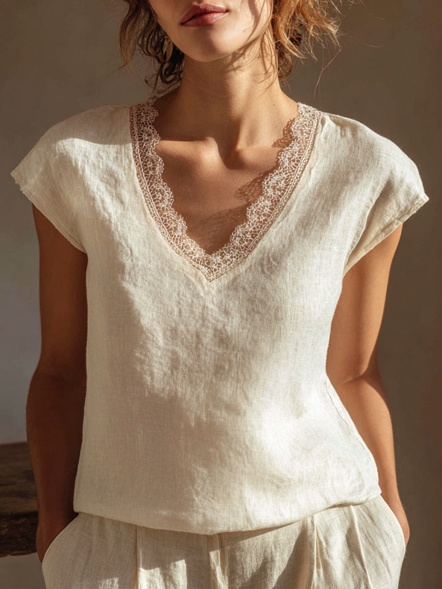 Elegante linnen blouse met kantinzetten voor dames