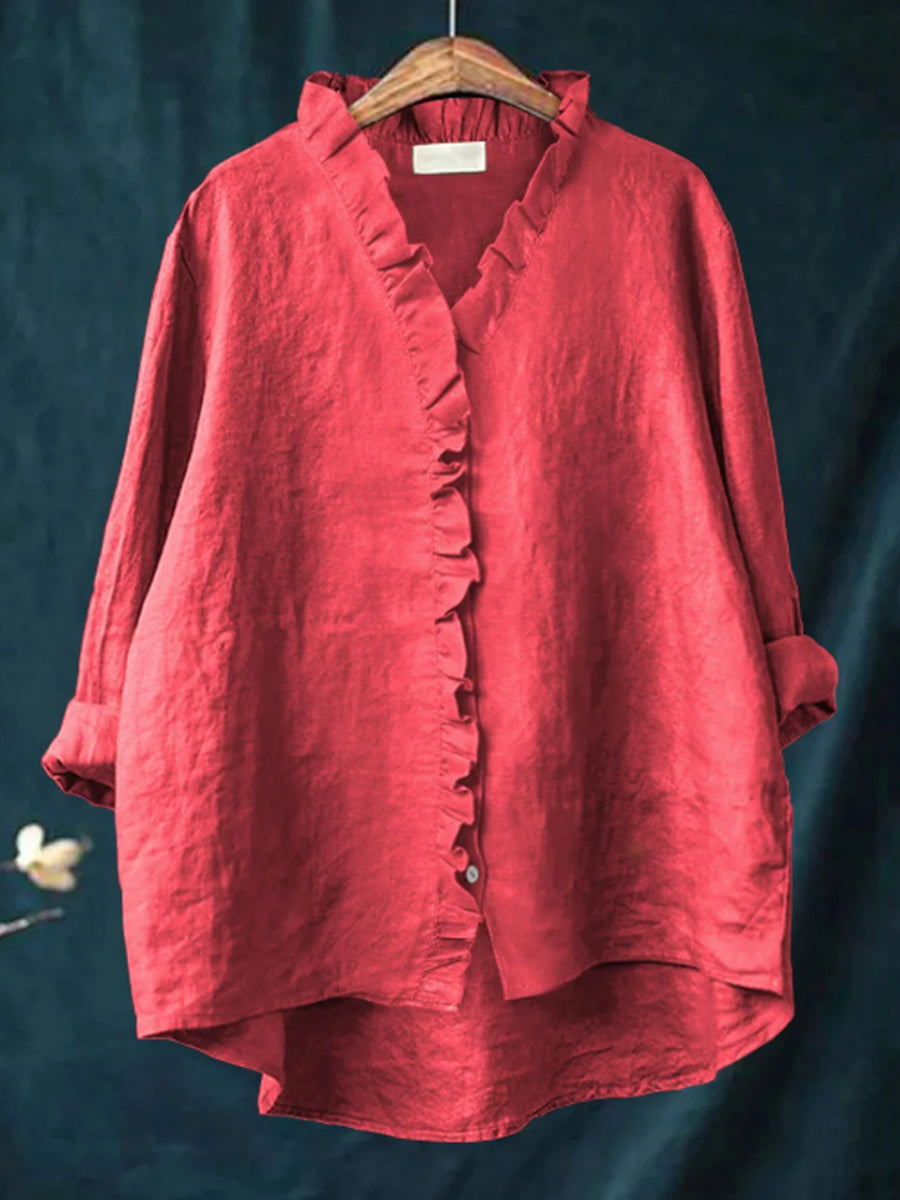 Casual katoen en linnen blouse met ruffles voor vrouwen
