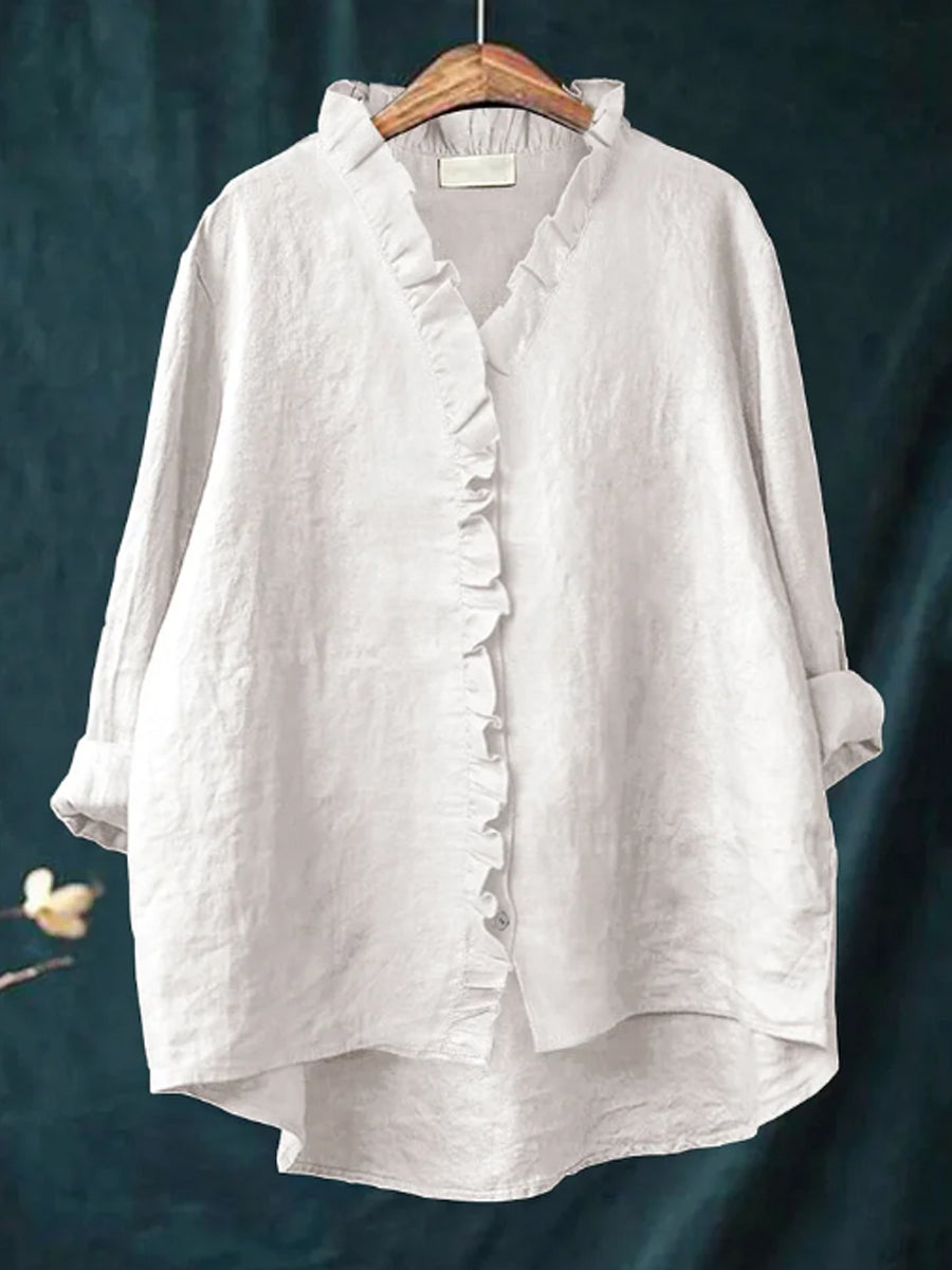 Casual katoen en linnen blouse met ruffles voor vrouwen