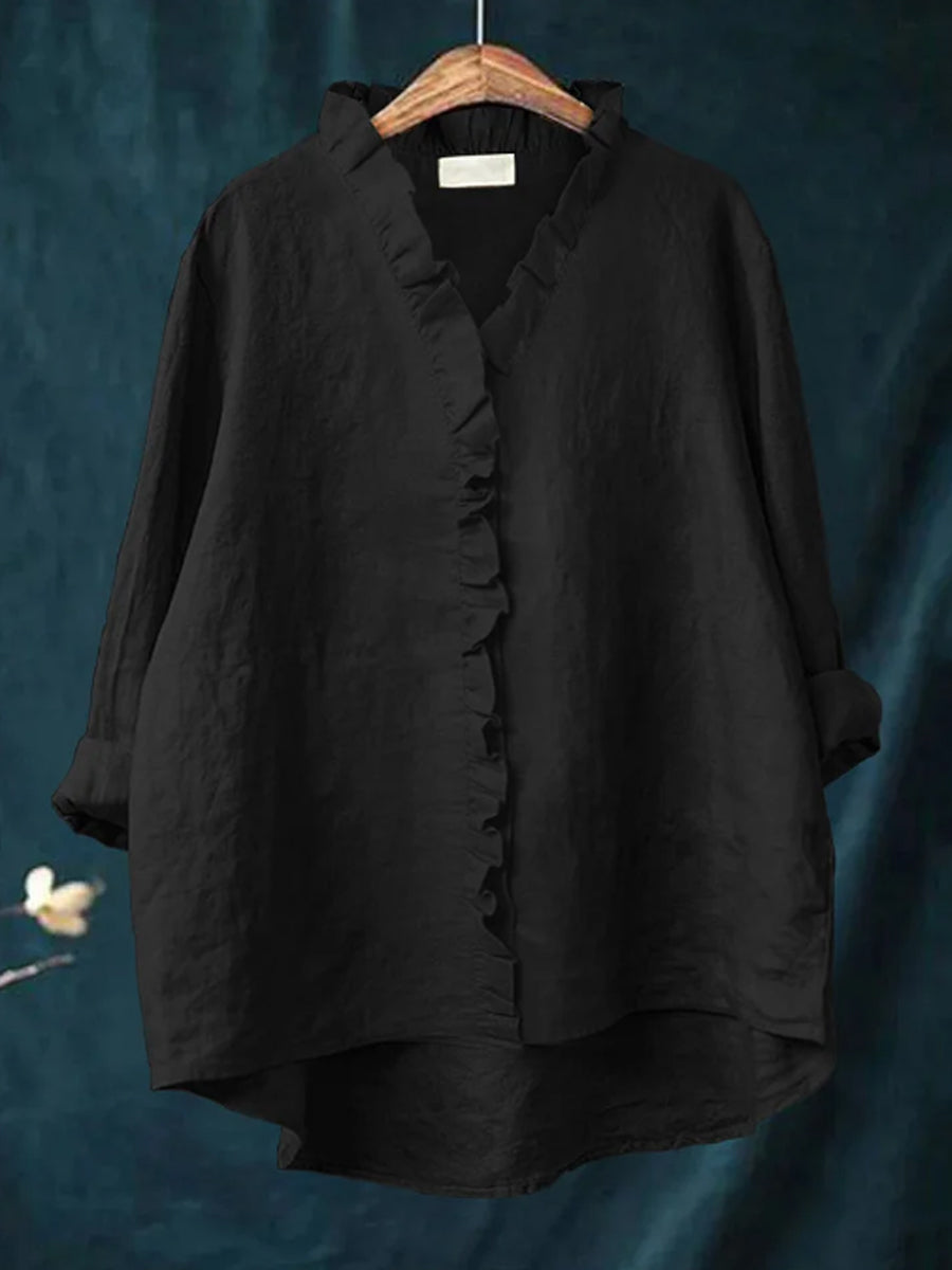 Casual katoen en linnen blouse met ruffles voor vrouwen