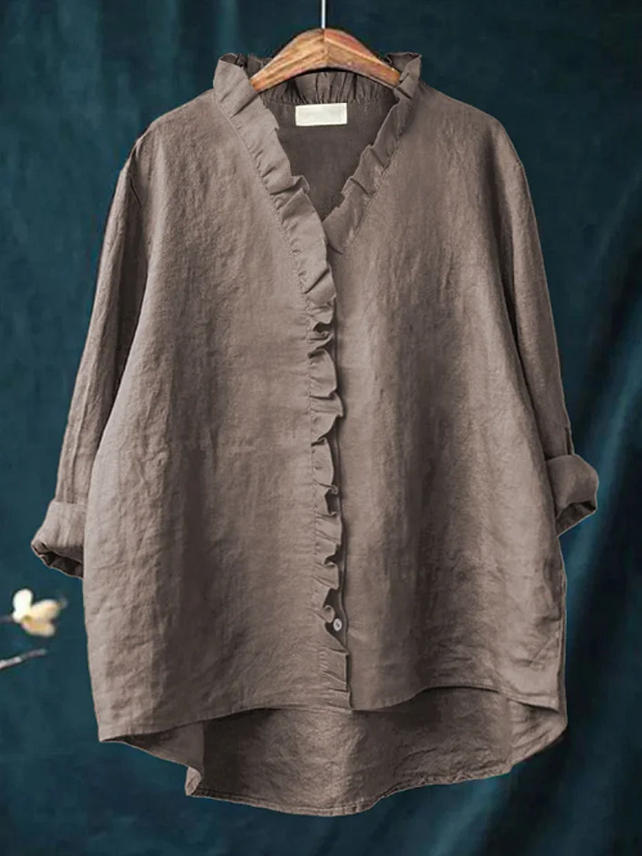 Casual katoen en linnen blouse met ruffles voor vrouwen