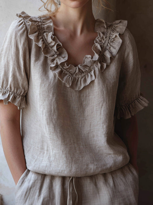 Elegante linnen V-hals blouse met volant voor dames