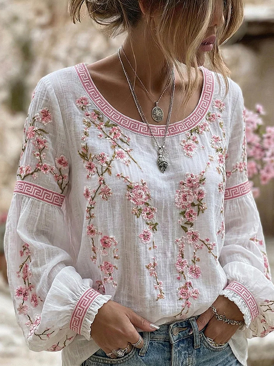 Casual damesblouse, vintage stijl, van katoen en linnen, met bloemenborduurwerk en gedrukte patchwork