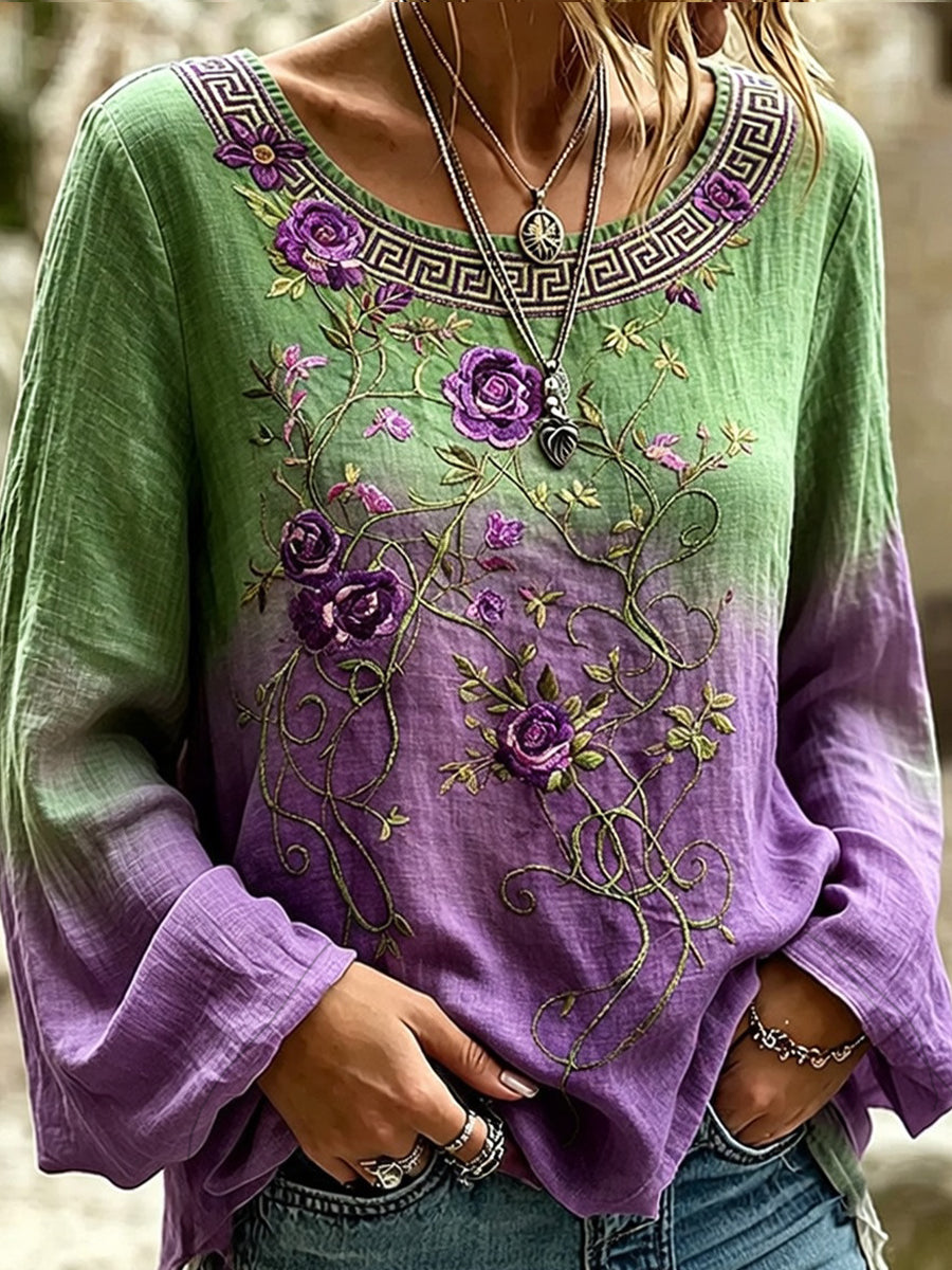 Casual katoen-linnen top voor dames, vintage bloemenprint