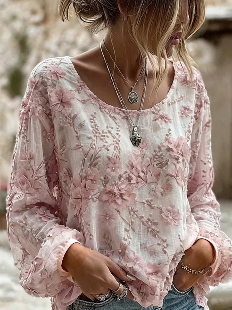 Casual katoen-linnen top voor dames, vintage bloemenprint