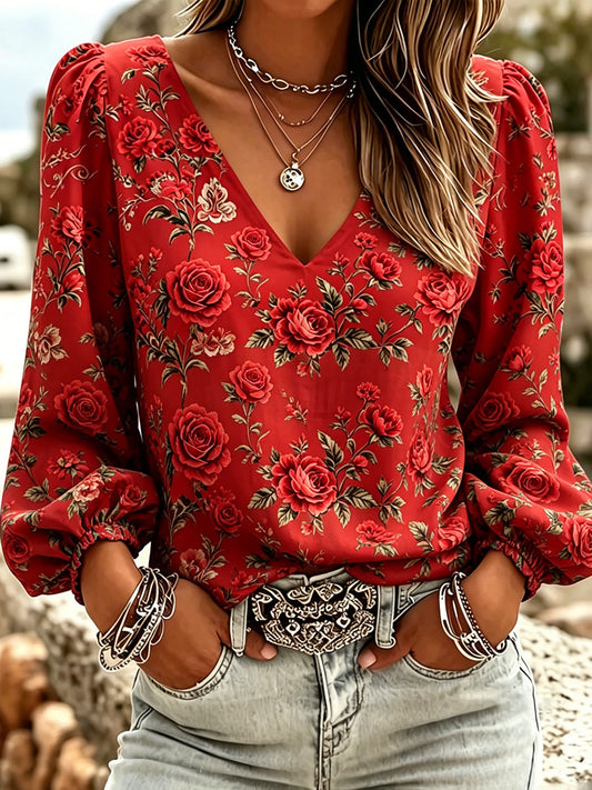 Retro dames top met bloemenprint, casual, V-hals, comfortabel in katoen-linnen