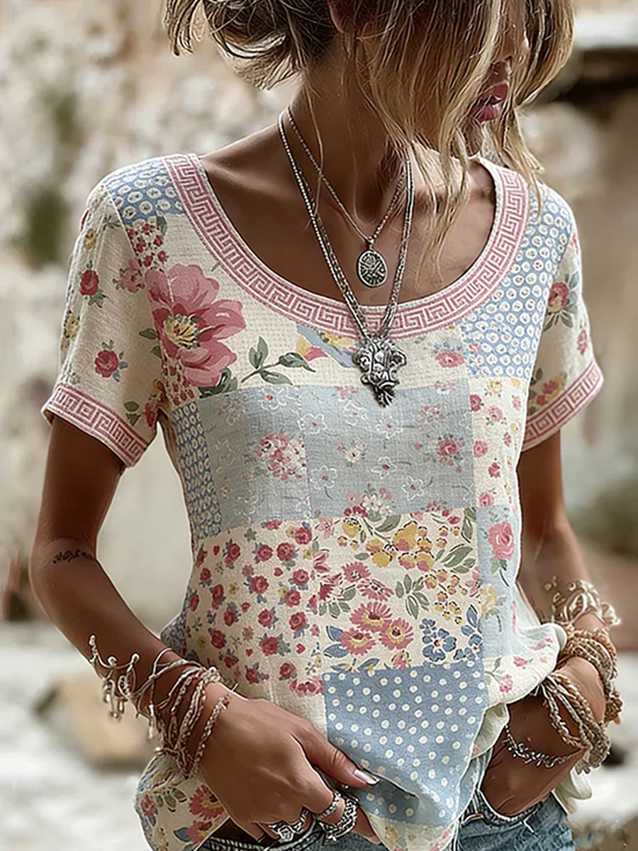 Losse katoenen-linnen top voor dames, vintage bloemenprint