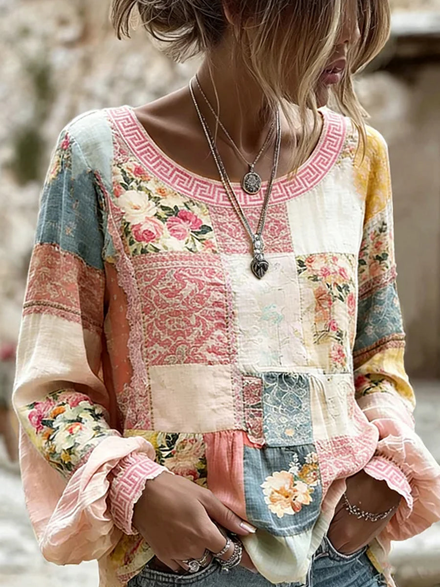 Casual katoen-linnen top voor dames, vintage bloemenprint