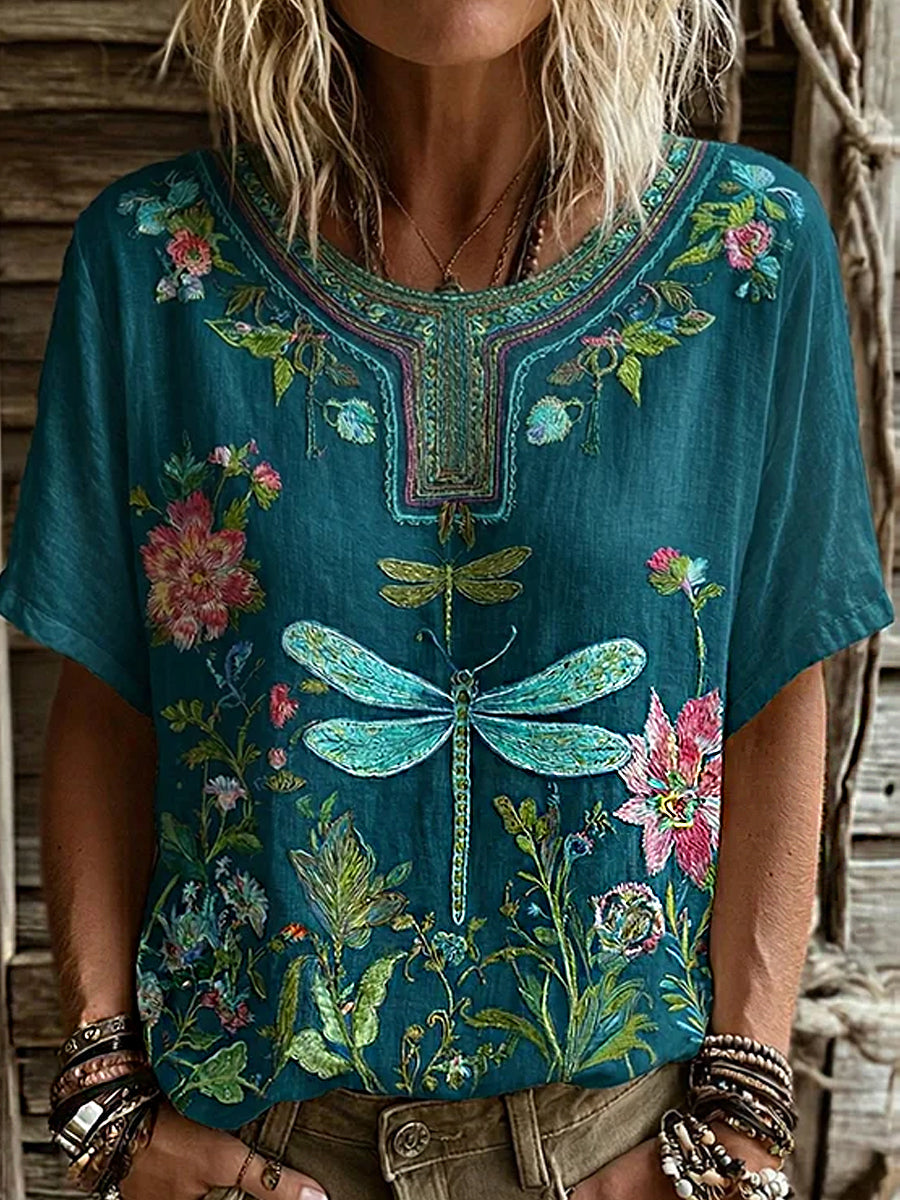 Ontspannen katoen-linnen top voor dames, vintage bloemenprint