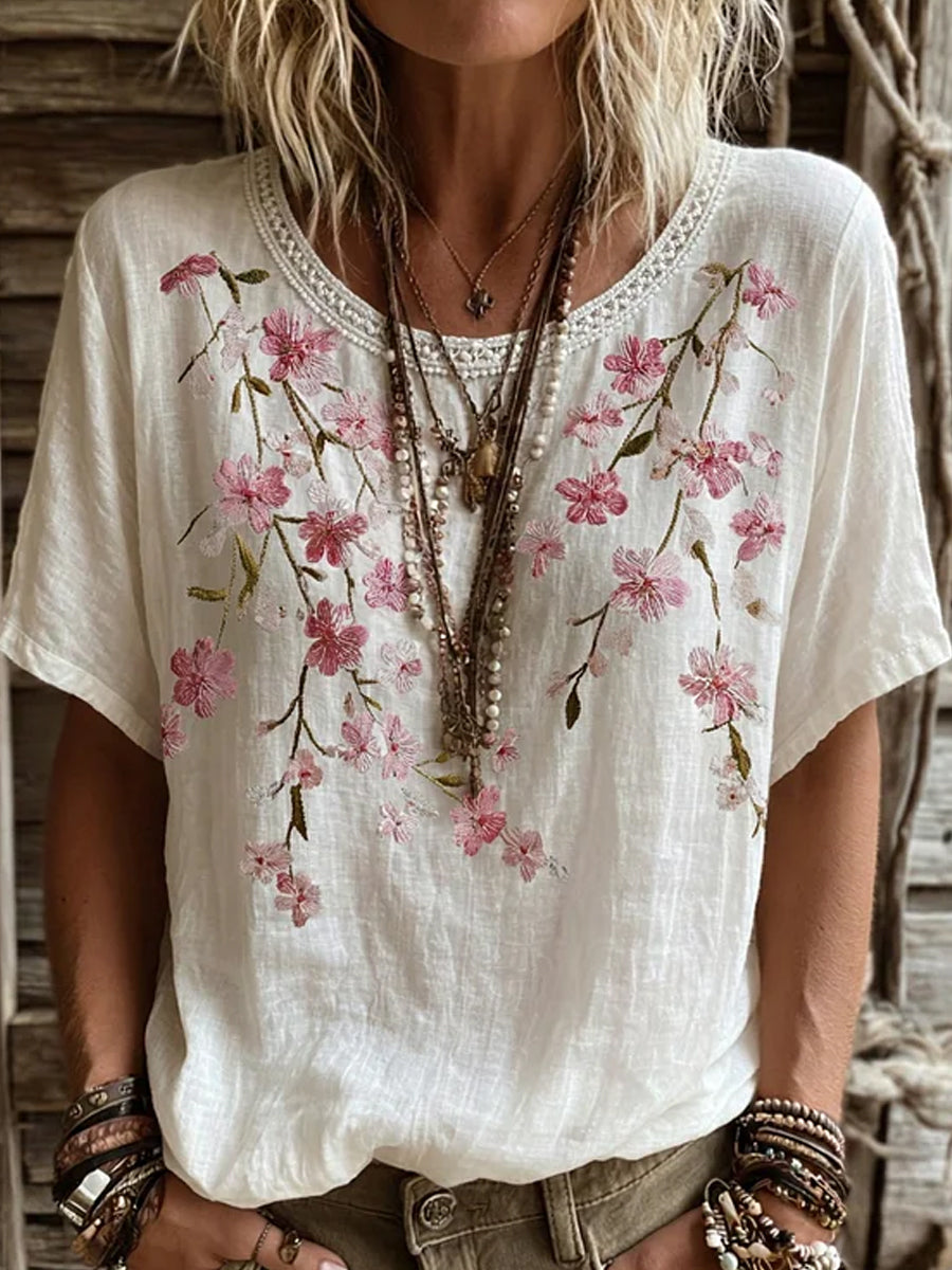 Casual katoen-linnen top voor dames, vintage bloemenprint
