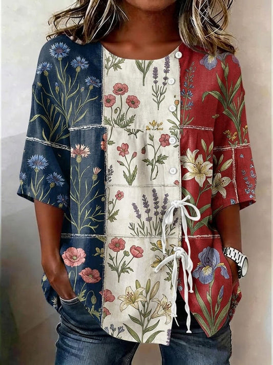 Dames Bloemenprint Patchwork Katoen-Linnen Top Met Voor Knopen En Strikken