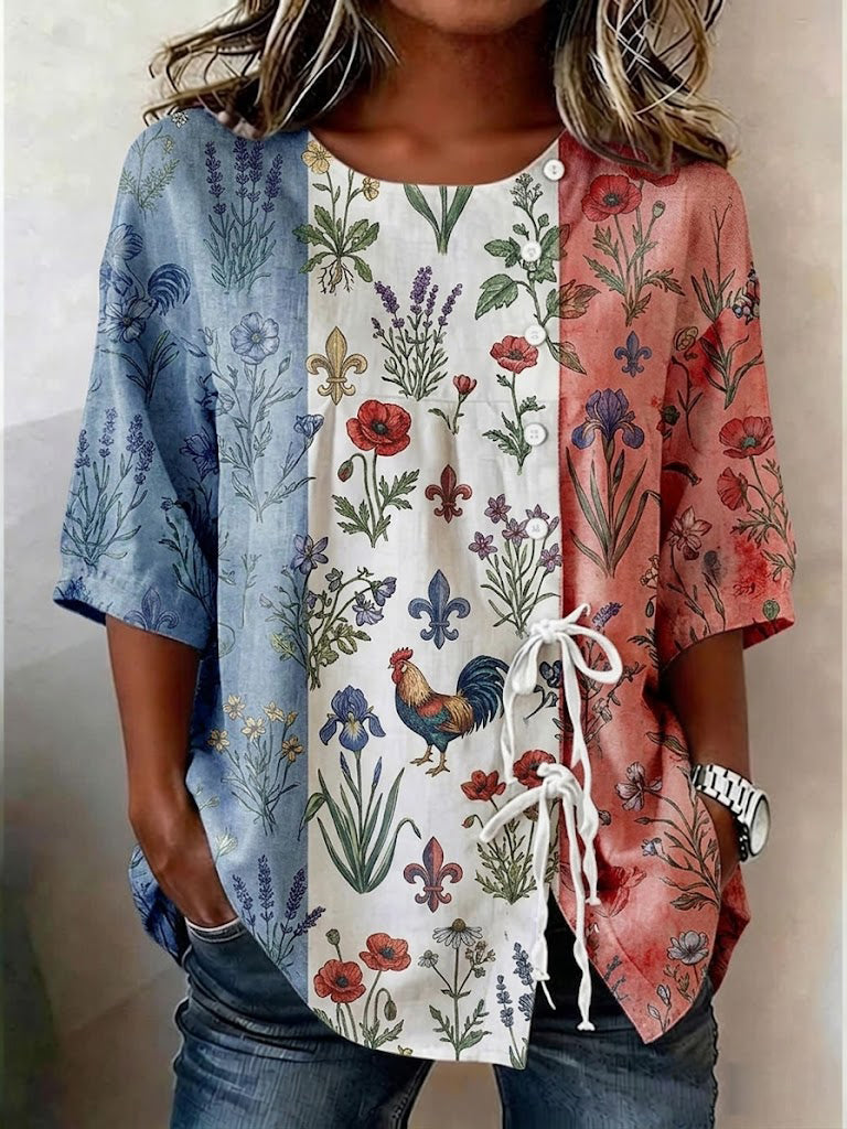 Top voor dames in katoen-linnen, met een patchwork bloemenprint, gesloten met knopen en voorzien van strikken aan de voorkant