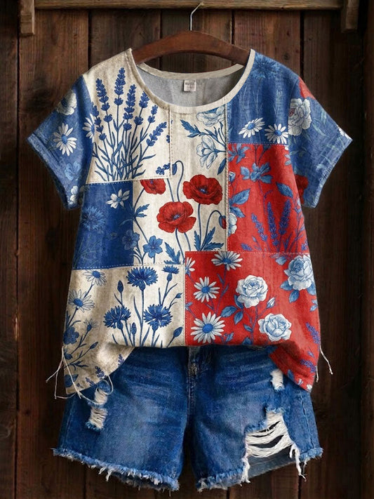 Bloemen patchwork T-shirt voor vrouwen