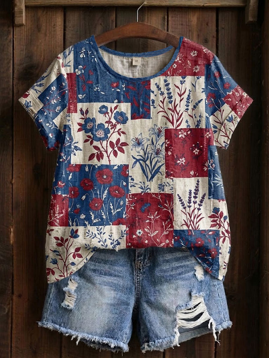 Bloemenpatchwork T-shirt voor dames