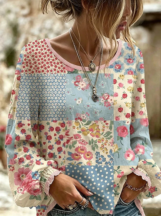 Retro bloemenkunstprint, casual top van katoen-linnen