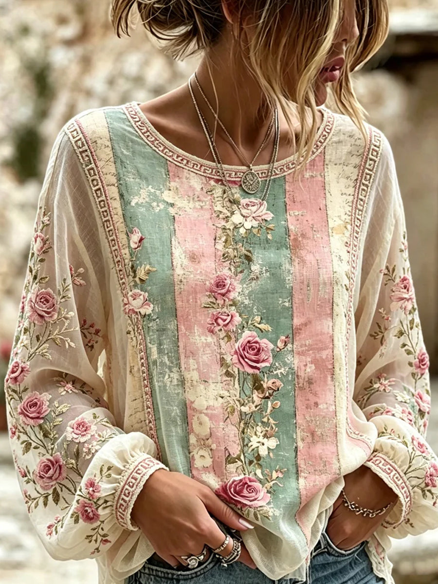 Casual Retro Bloemenprint Katoen-Linnen Top