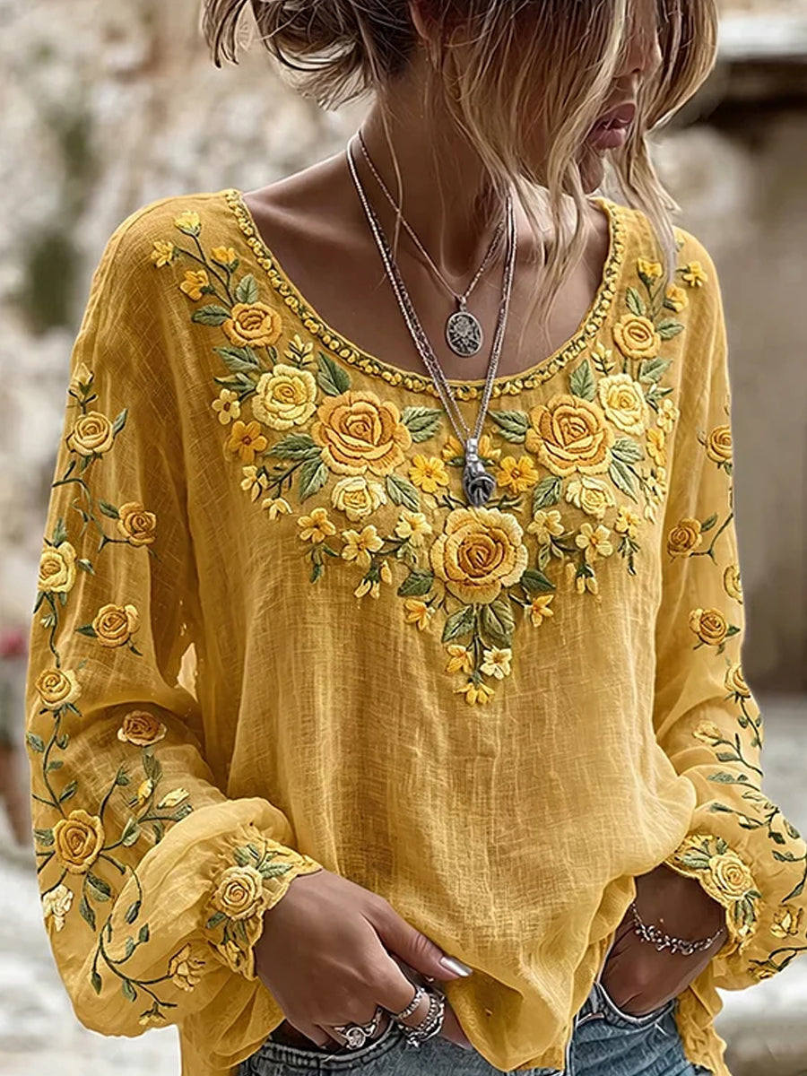 Retro bloemen kunstprint, casual top van katoen-linnen