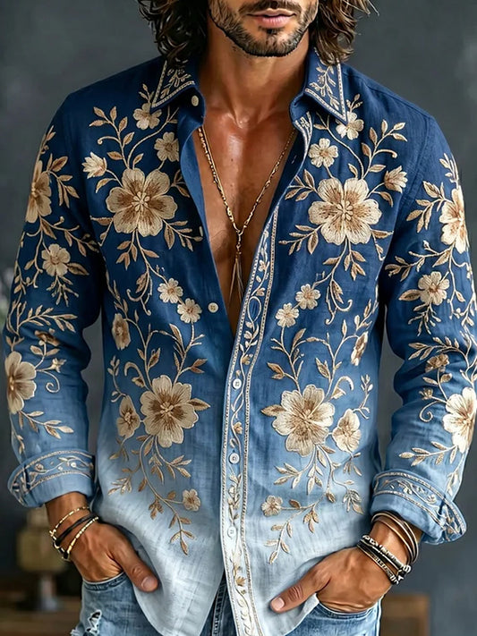 Casual katoenen-linnen shirt met retro stijl geborduurde kunstafdruk
