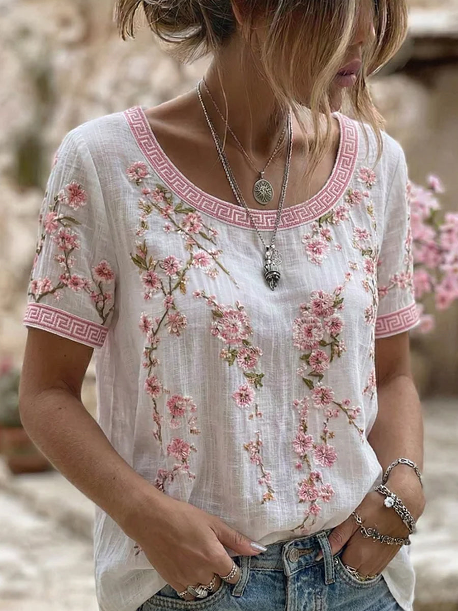 Casual T-shirt van katoen-linnen met retro bloemenkunstprint